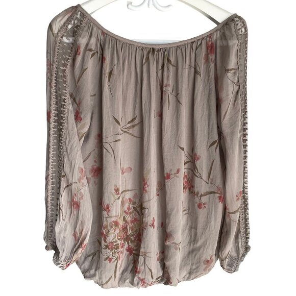 NWT AMBRA Made In Italy Silk Top Long Sleeve Floral Lace Gray Fango Womens Large - Picture 3 of 13